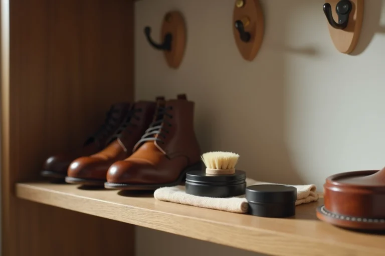 Accessoires d'entretien pour chaussures posés sur une étagère en bois : brosse, cirage, chausse-pied et embauchoir en cèdre
