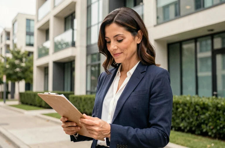 Agent immobilière professionnelle devant un immeuble moderne en milieu urbain, tenant des documents de vente immobilière