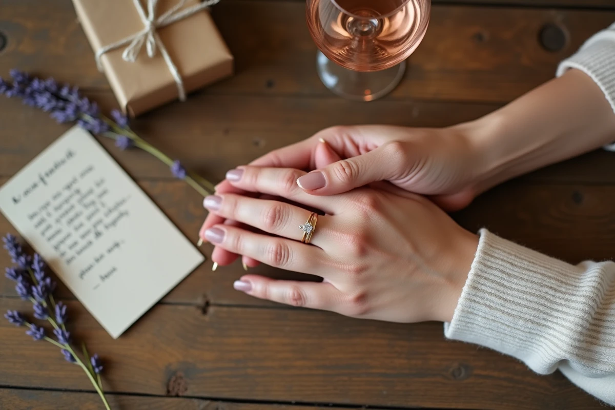 Gros plan de deux mains portant des alliances entrelacées sur une table en bois avec une carte manuscrite et un cadeau artisanal