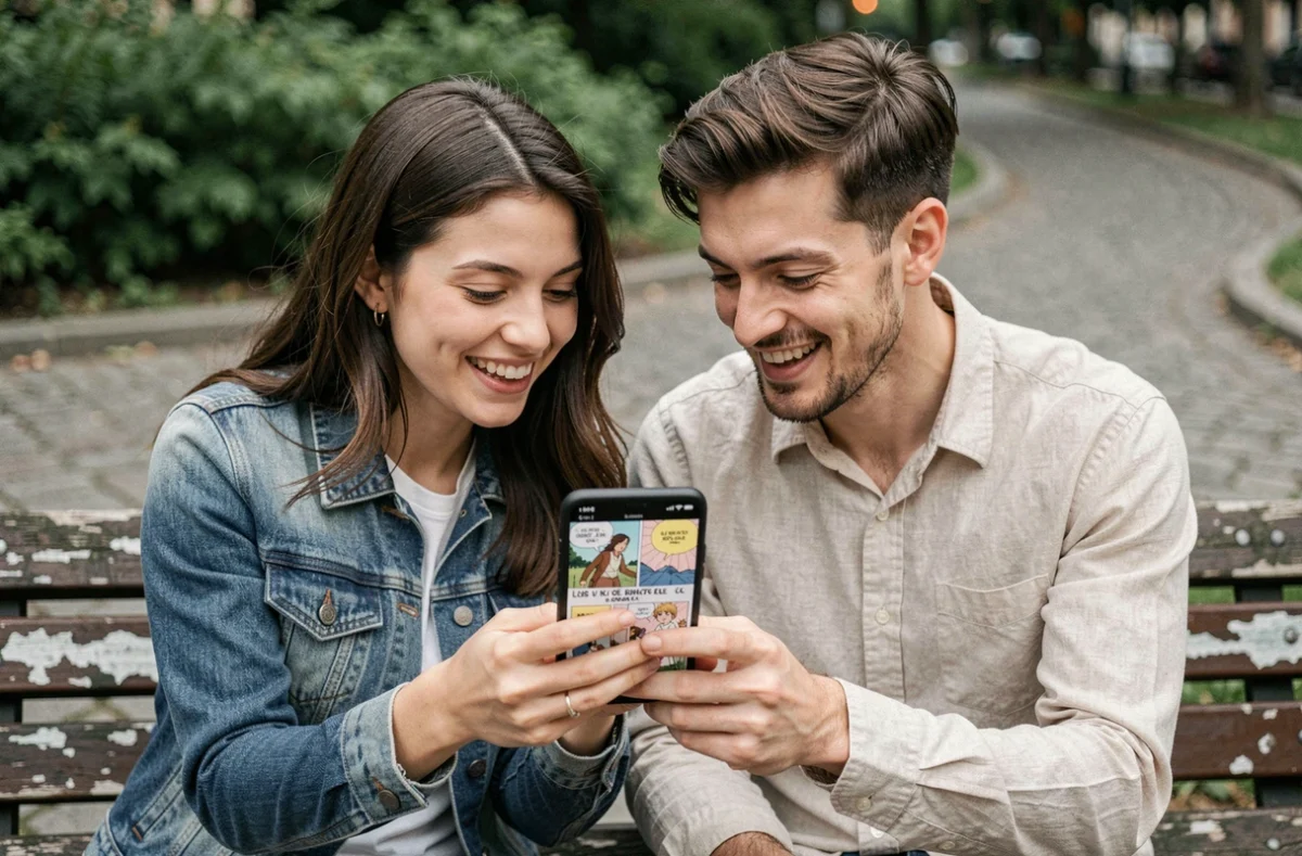 Deux amis lisant ensemble un chapitre de manga en français sur smartphone dans un parc urbain