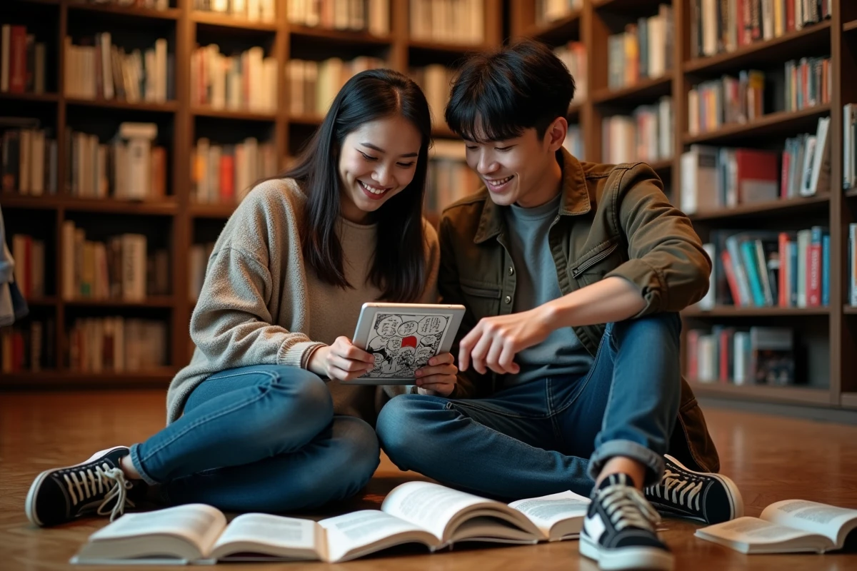 Deux amis lisant ensemble des scans yaoi sur une tablette dans une librairie spécialisée manga entourés de volumes posés au sol