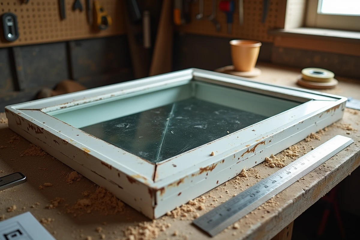 Ancien châssis de fenêtre de toit Velux posé sur un établi avec une règle métallique pour mesure