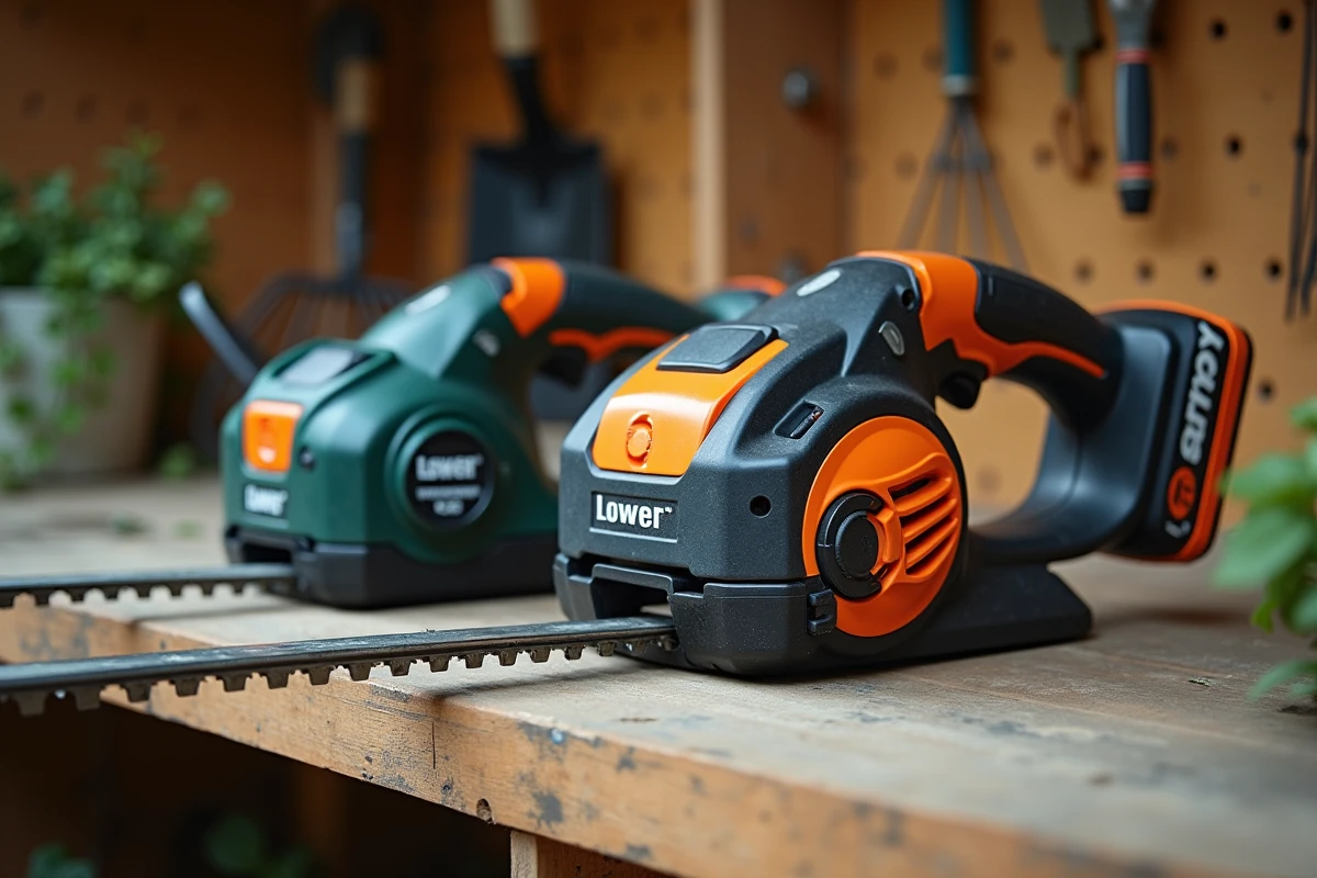 Comparaison de deux modèles de taille-haie posés sur un établi de jardin en bois patiné