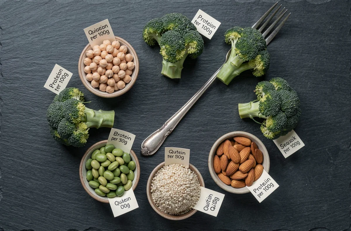 Vue de dessus d'un assortiment de brocoli cru, pois chiches, edamame, quinoa et amandes avec étiquettes de teneur en protéines sur ardoise noire