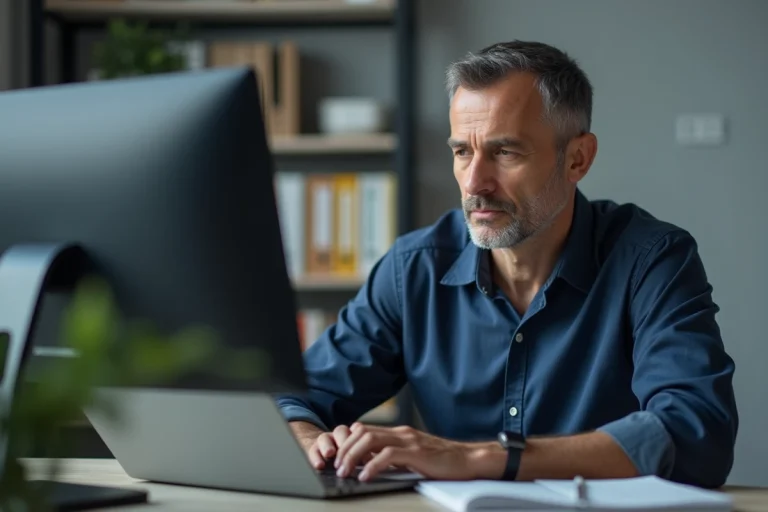 Homme professionnel connecté à un espace affilié en ligne sur ordinateur portable dans un bureau moderne