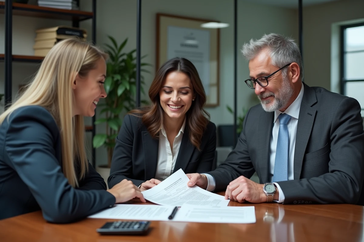 Conseiller bancaire présentant un contrat de prêt immobilier à un couple dans un bureau de banque professionnel