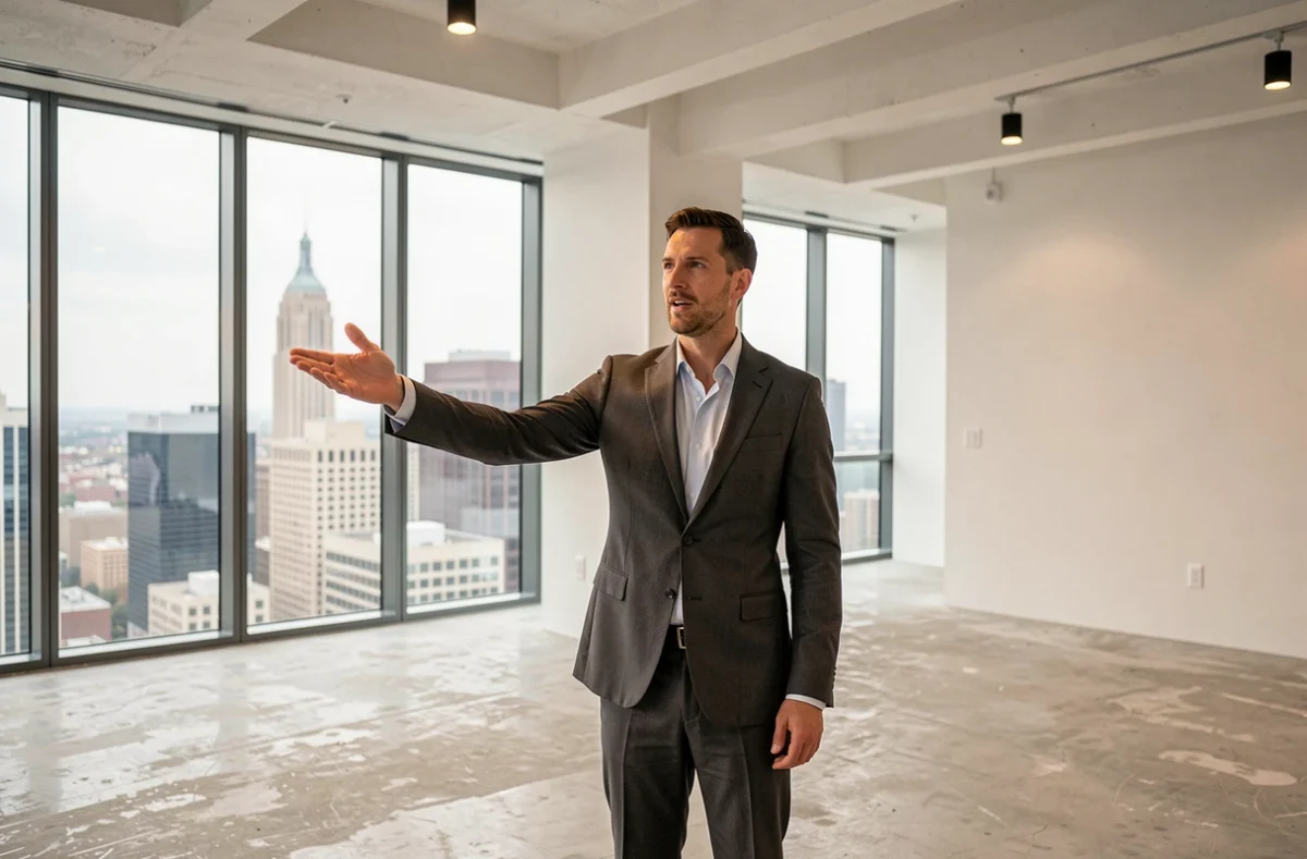 Consultant immobilier présentant un appartement haut de gamme vide avec vue panoramique sur la ville à un acheteur potentiel