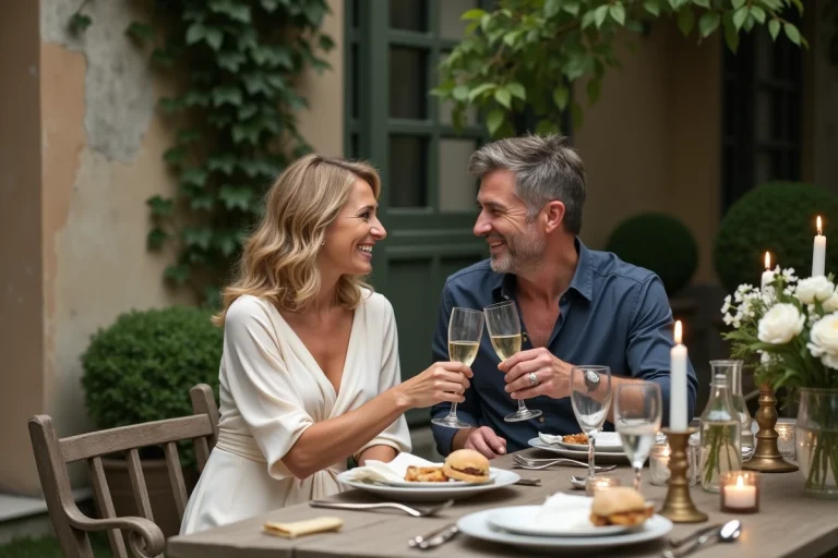 Couple célébrant 17 ans de mariage autour d'une table décorée de pivoines et bougies dans un jardin en terrasse