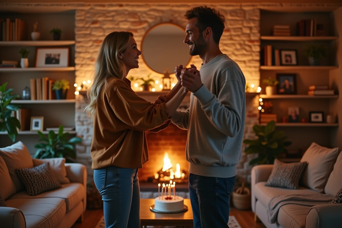 Couple dansant tendrement dans un salon décoré pour fêter leurs 17 ans de mariage avec guirlandes et gâteau anniversaire