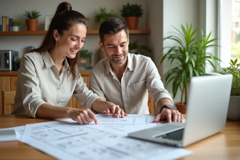Couple examinant des documents de prêt immobilier et des plans de maison sur une table en bois dans un appartement moderne
