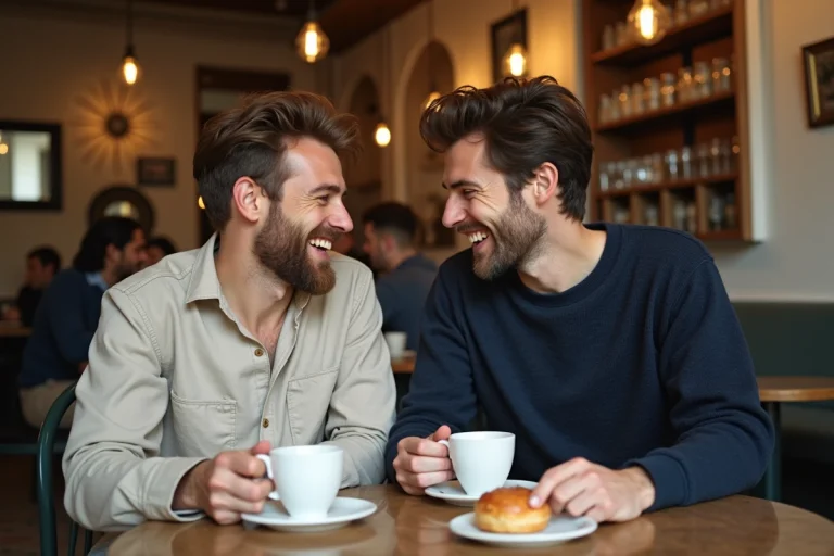Deux hommes en couple riant ensemble dans un bistrot parisien, illustrant la complicité et la vie de couple moderne