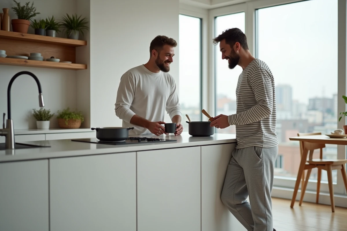 Deux hommes en couple dans leur cuisine moderne partagent un moment de vie quotidienne décontracté, représentant la vie de couple contemporaine