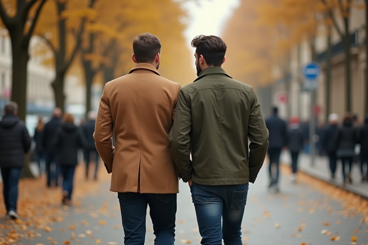 Couple de deux hommes se promenant sur un boulevard parisien en automne, évoquant la vie quotidienne et la modernité des relations amoureuses