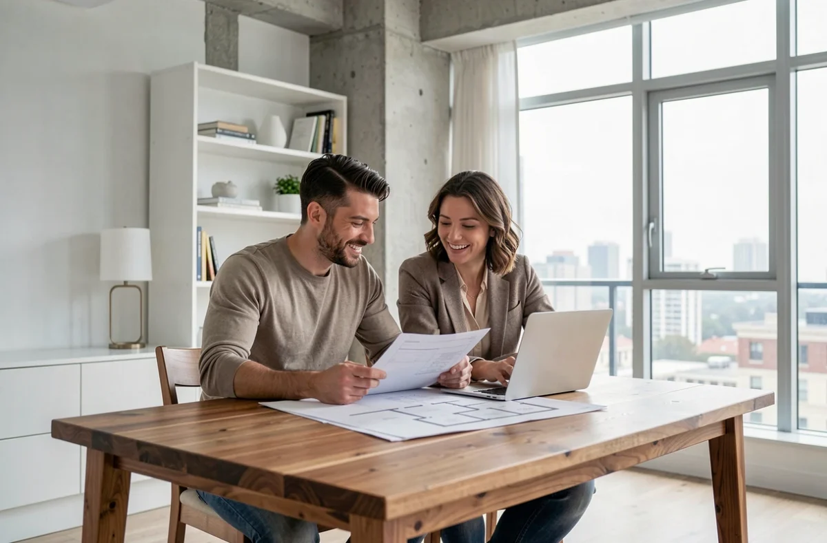 Couple étudiant des plans immobiliers et un ordinateur portable dans un appartement contemporain lors d'un achat immobilier