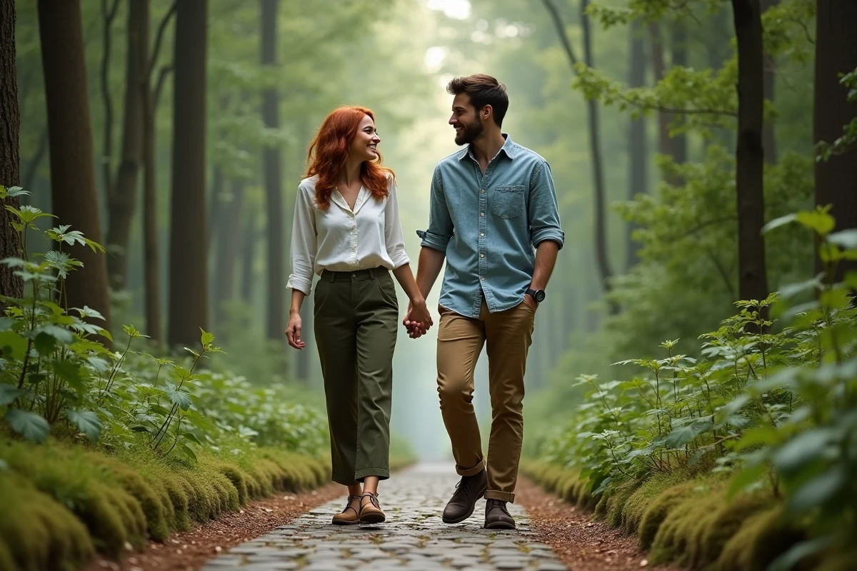 Couple main dans la main sur un chemin forestier en pierres, riant ensemble lors d'une promenade nature en vacances
