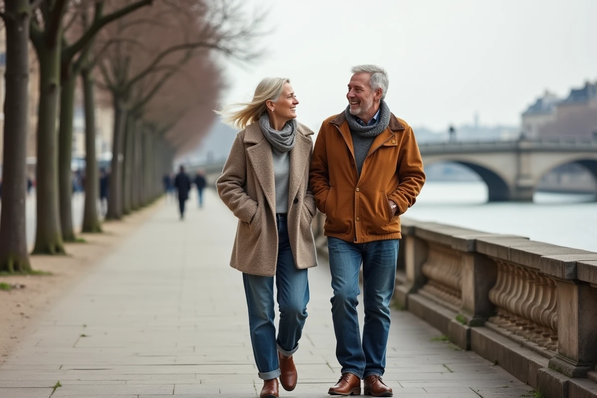 Couple de quinquagénaires marchant côte à côte sur les quais de la Seine à Paris, image symbolisant la vie de couple d'une personnalité publique