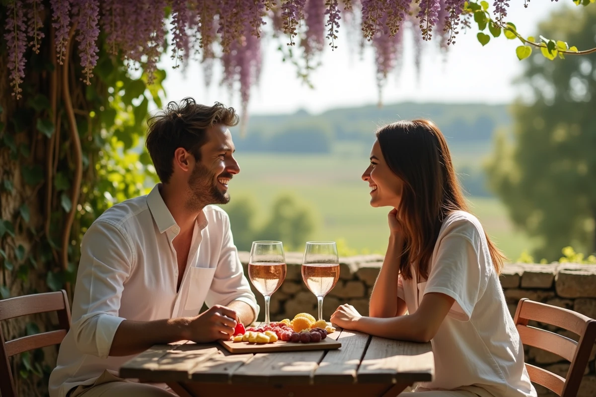 Couple de voyageurs partageant un repas en terrasse avec rosé et planche de charcuterie devant un paysage de vignes