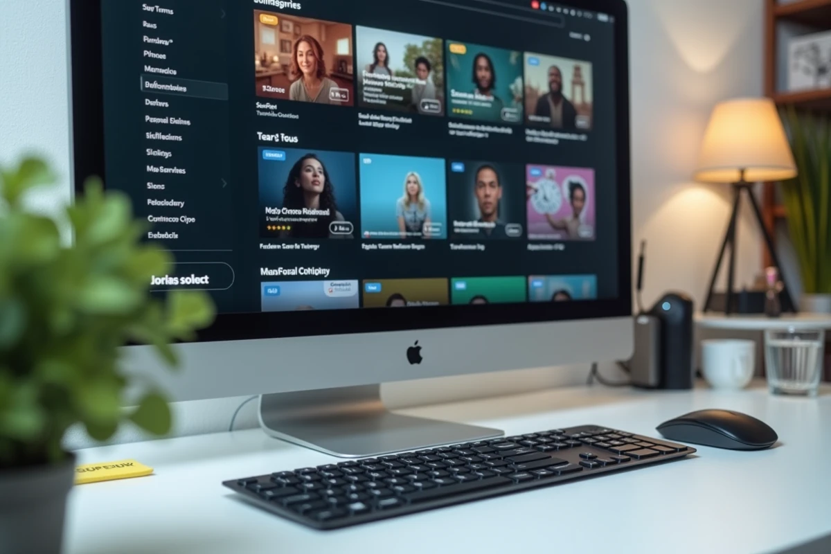 Écran d'ordinateur affichant une plateforme de streaming méconnue sur un bureau de travail ordonné