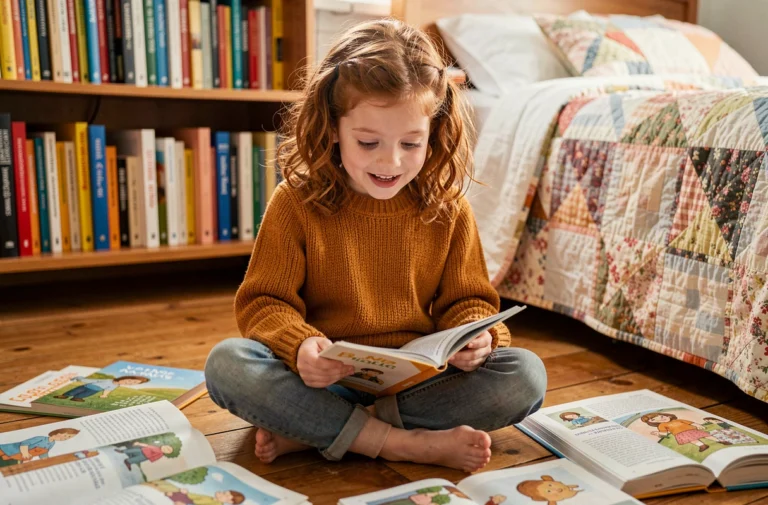 Jeune fille aux cheveux bouclés lisant un livre illustré avec émerveillement dans une chambre cosy entourée de livres ouverts