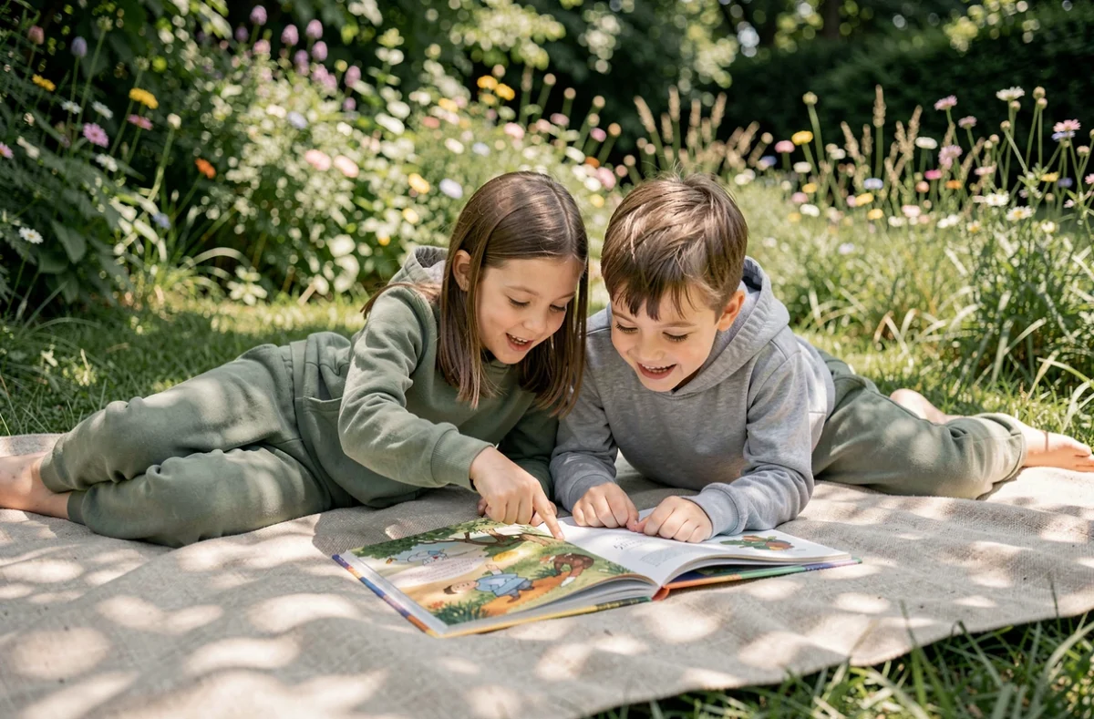 Deux enfants allongés sur une couverture dans un jardin, partageant un livre illustré coloré avec enthousiasme