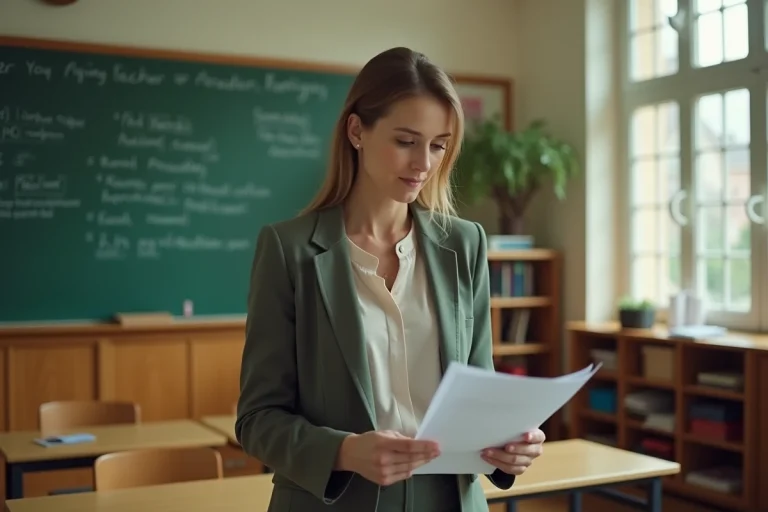 Enseignante d'école privée sous contrat debout devant un tableau dans une salle de classe, représentant le statut professionnel ambigu entre fonctionnaire et salarié
