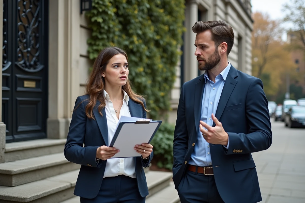 Deux enseignants du privé sous contrat discutant devant l'entrée d'une école privée, symbolisant le débat sur leur statut professionnel entre secteur public et privé