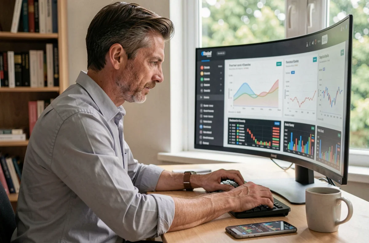 Entrepreneur masculin consultant les actualités économiques et tendances business sur ordinateur à domicile