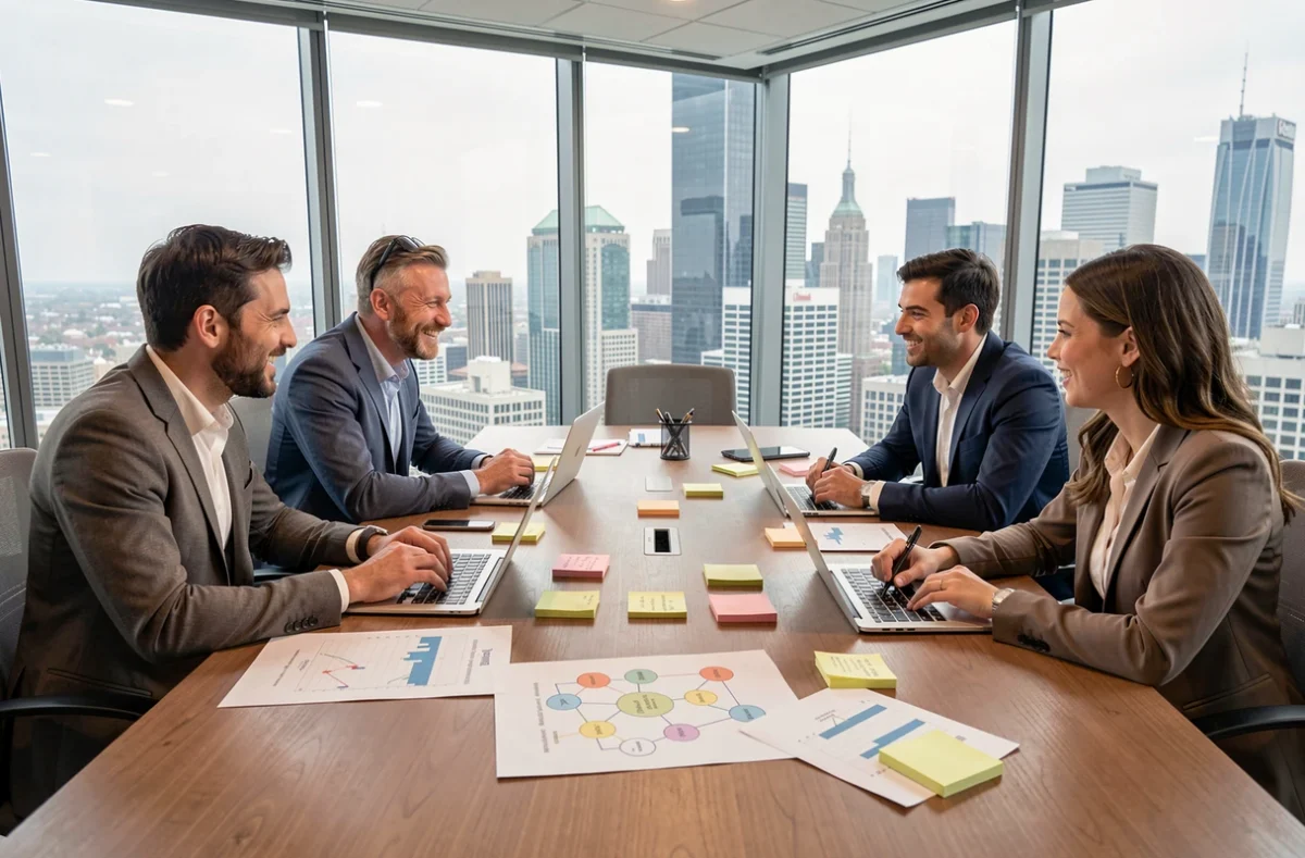 Équipe de professionnels en réunion de brainstorming dans une salle de conférence moderne, stratégie d'entreprise