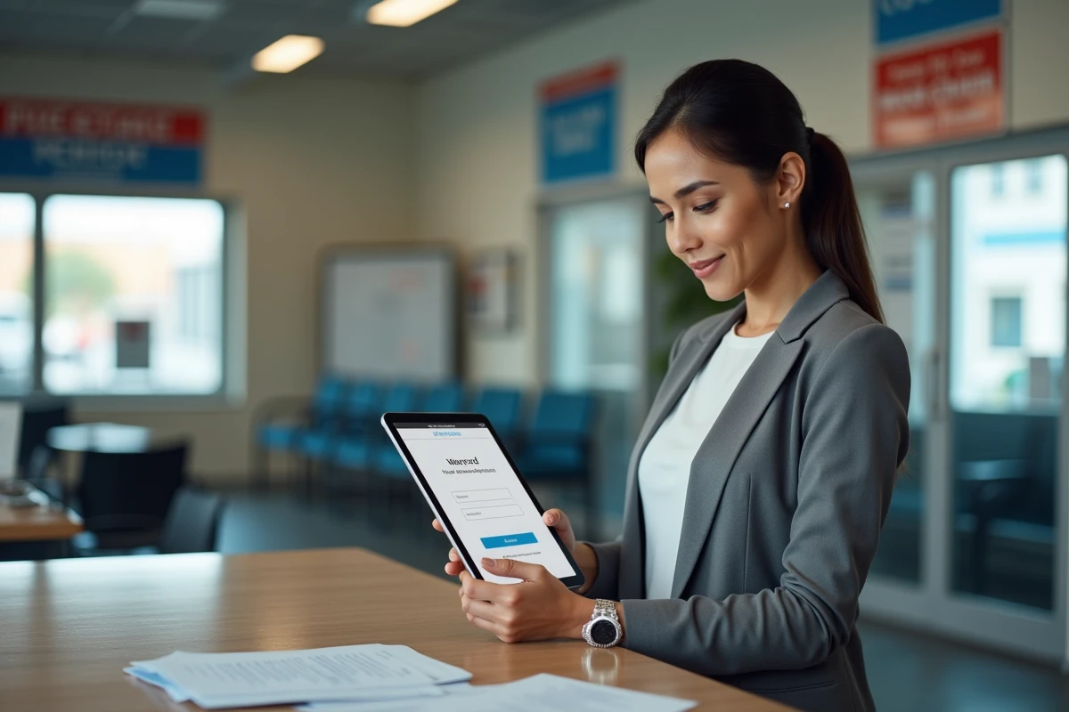 Employée d'un centre de contrôle technique consultant l'espace affilié Securitest sur une tablette