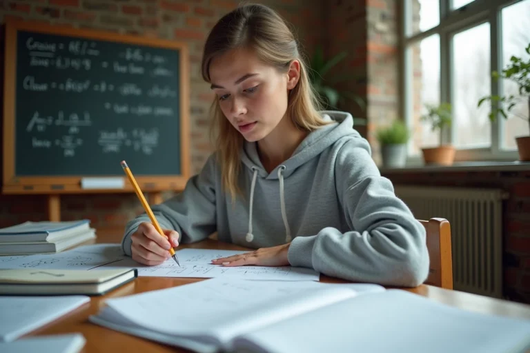 Étudiante en mathématiques travaillant sur des formules trigonométriques cos a cos b et sin a sin b à un bureau universitaire