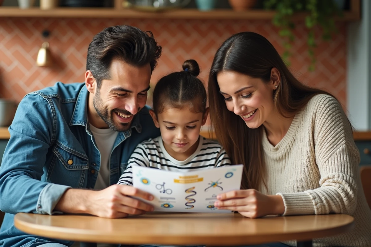 Famille lisant une brochure éducative sur la trisomie et les anomalies chromosomiques autour d'une table de cuisine
