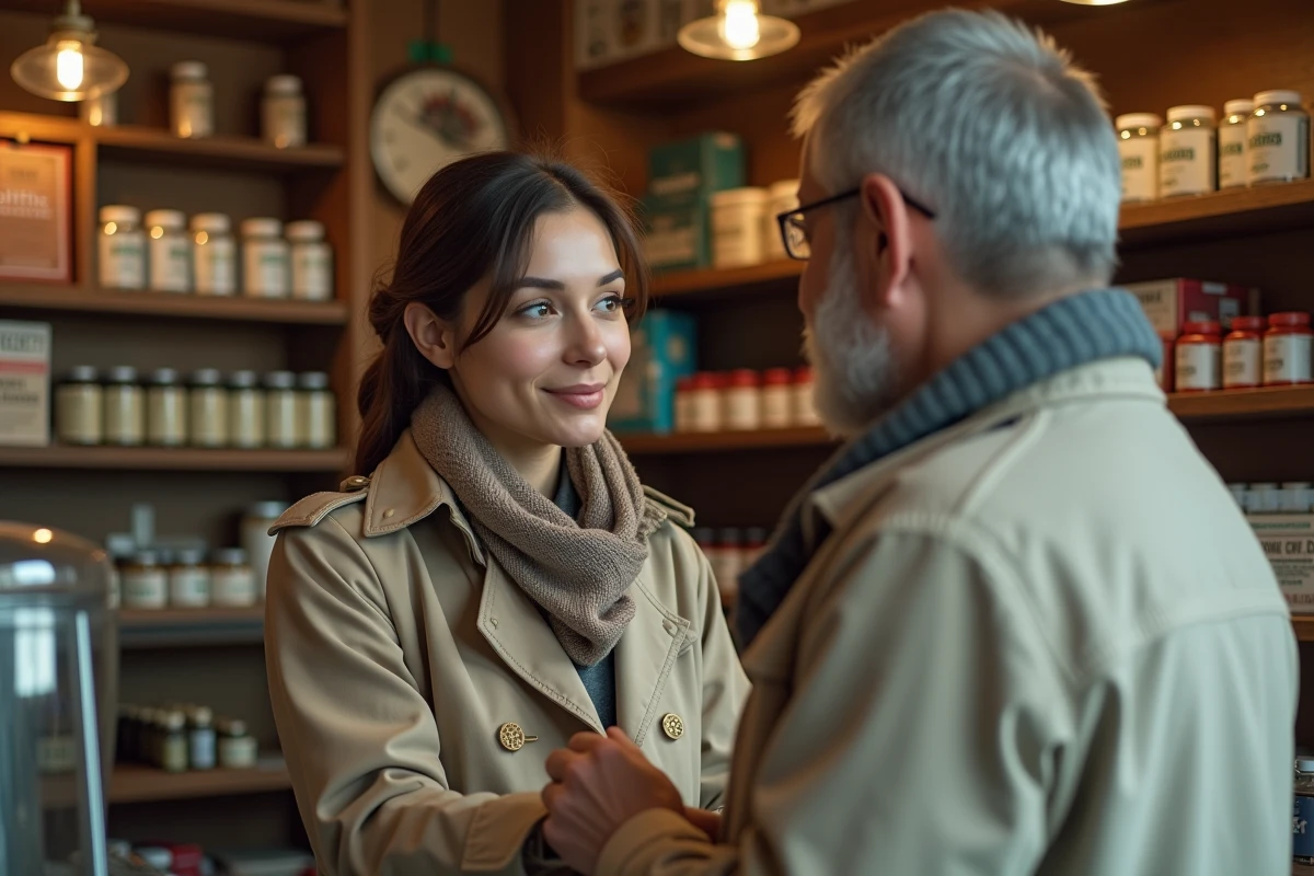 Femme achetant des capsules de CBD auprès d’un vendeur en boutique