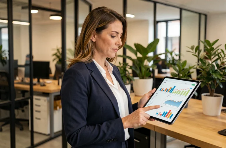 Femme d'affaires analysant les tendances business 2024 sur une tablette dans un bureau moderne