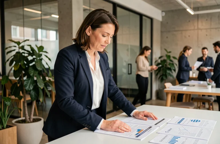 Femme cadre professionnelle analysant des rapports dans un bureau moderne et lumineux, tendances entreprises