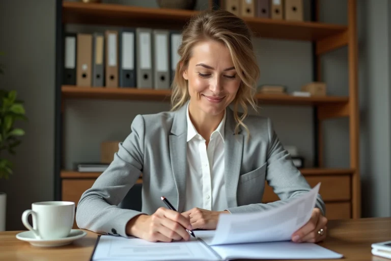 Femme consultant sa déclaration de revenus à son bureau avec des documents fiscaux, case 2BH impôts