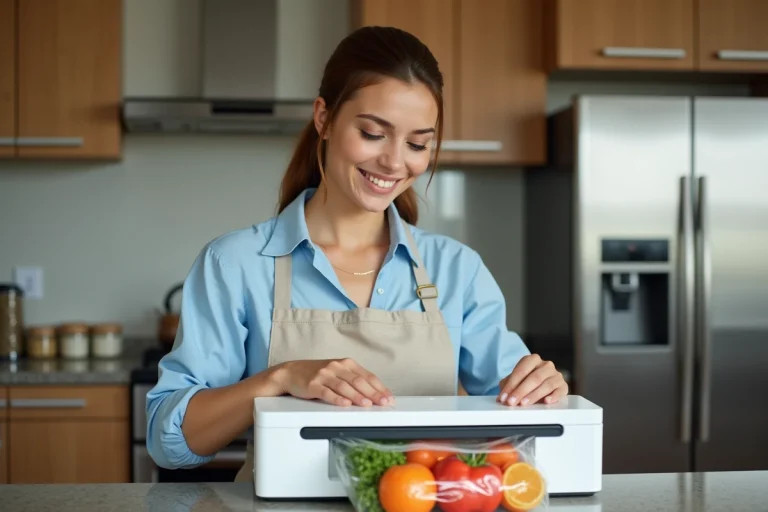 Femme souriante utilisant un scelleur sous vide dans la cuisine