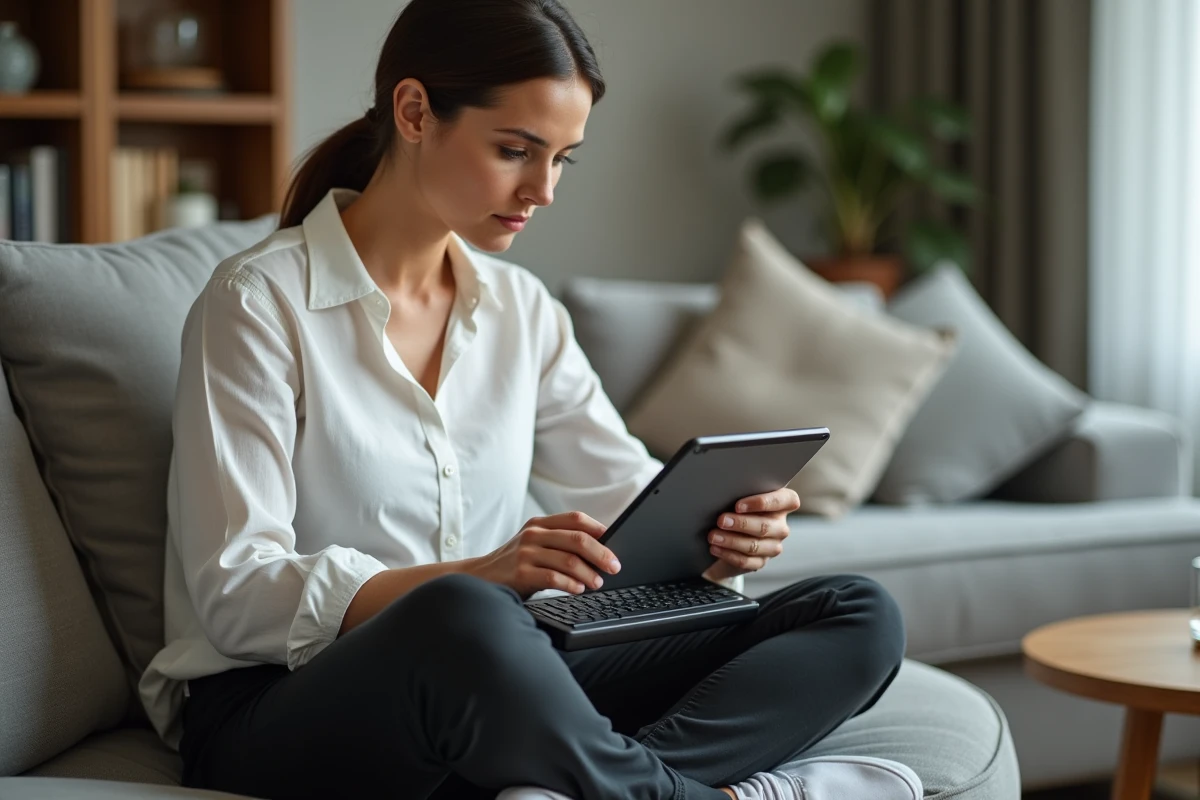 Femme d'âge moyen s'entraînant aux exercices du CAP RLA sur tablette dans son salon