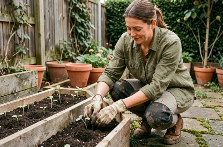 Femme jardinière qui transplante des plants dans un potager surélevé en bois entouré de pots en terre cuite et de végétation naturelle