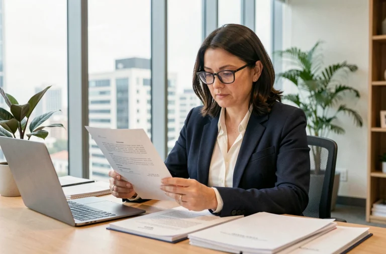 Femme professionnelle en costume marine examinant attentivement un contrat a500 dans un bureau moderne avec vue sur la ville