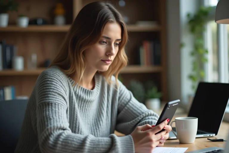 Femme consultant un numéro de téléphone inconnu sur son smartphone depuis son bureau à domicile
