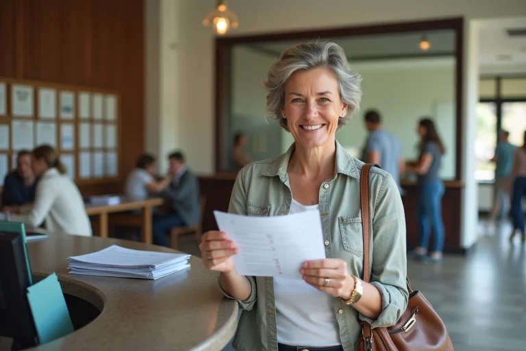 Femme souriante tenant un formulaire à la mairie