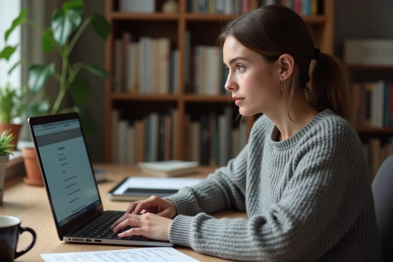 Jeune femme révisant le CAP RLA sur ordinateur portable à son bureau à domicile avec des notes manuscrites