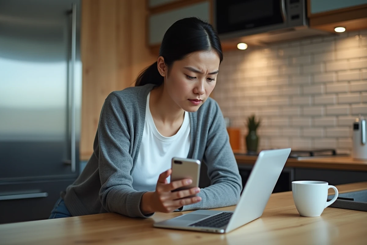Femme vérifiant la légalité d'une plateforme en ligne sur tablette et smartphone dans une cuisine moderne