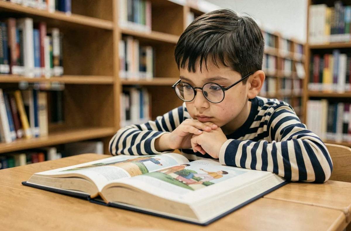 Garçon concentré et curieux lisant un grand livre illustré à une table de bibliothèque publique en bois