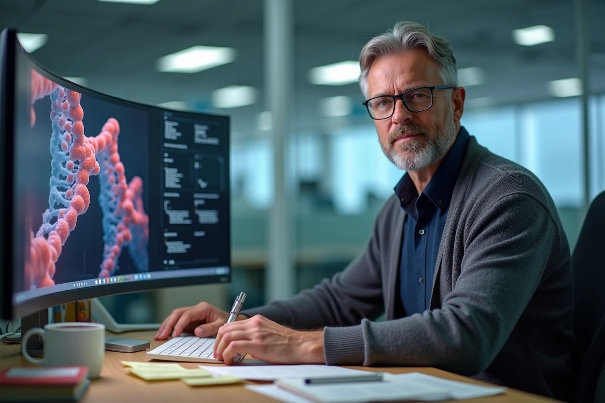 Généticien examinant un modèle 3D du chromosome 4 sur ordinateur dans un bureau de recherche en génomique