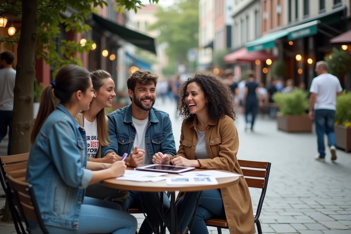 Groupe de jeunes discutant autour d un café en ville