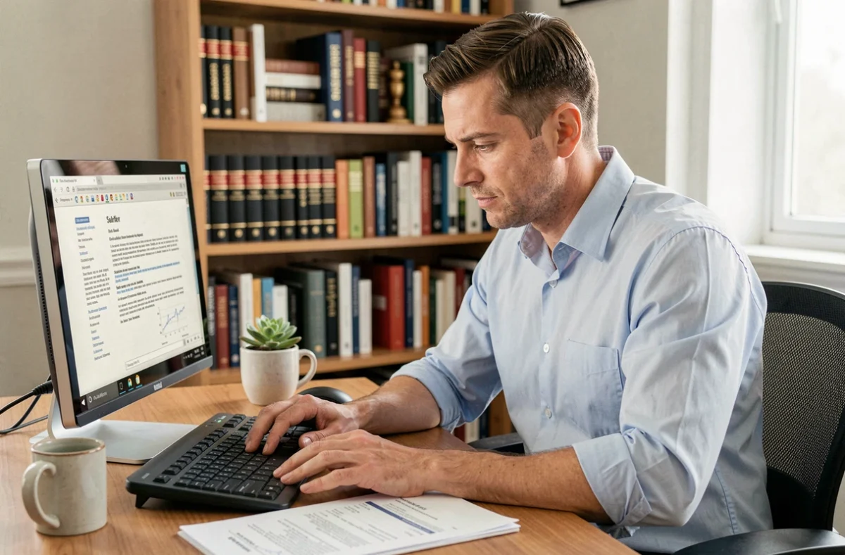 Homme en chemise bleue analysant les modalités d'un contrat a500 dans un bureau à domicile organisé