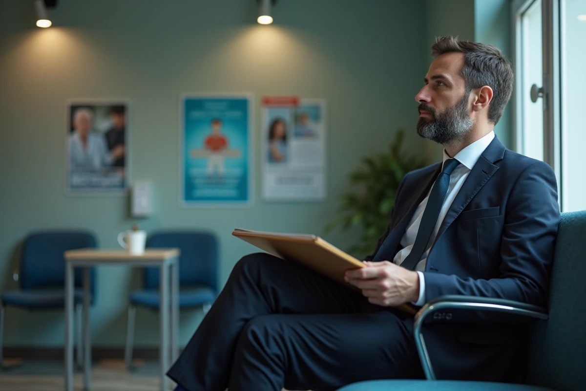 Homme en costume attend dans une salle d