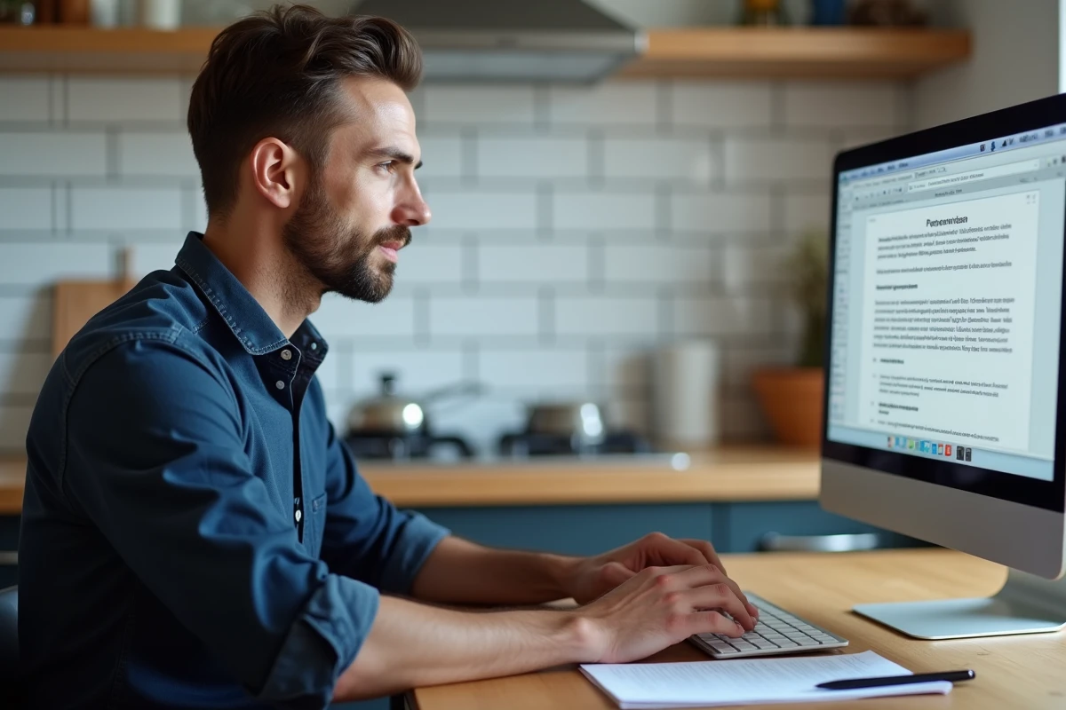 Homme adulte s'entraînant au CAP RLA sur ordinateur de bureau dans une cuisine moderne à domicile