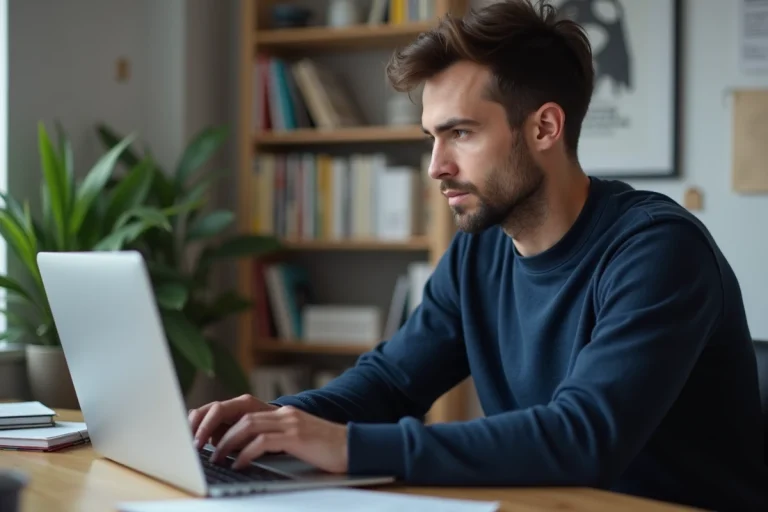 Jeune homme explorant une plateforme numérique inconnue sur son ordinateur portable dans un bureau minimaliste